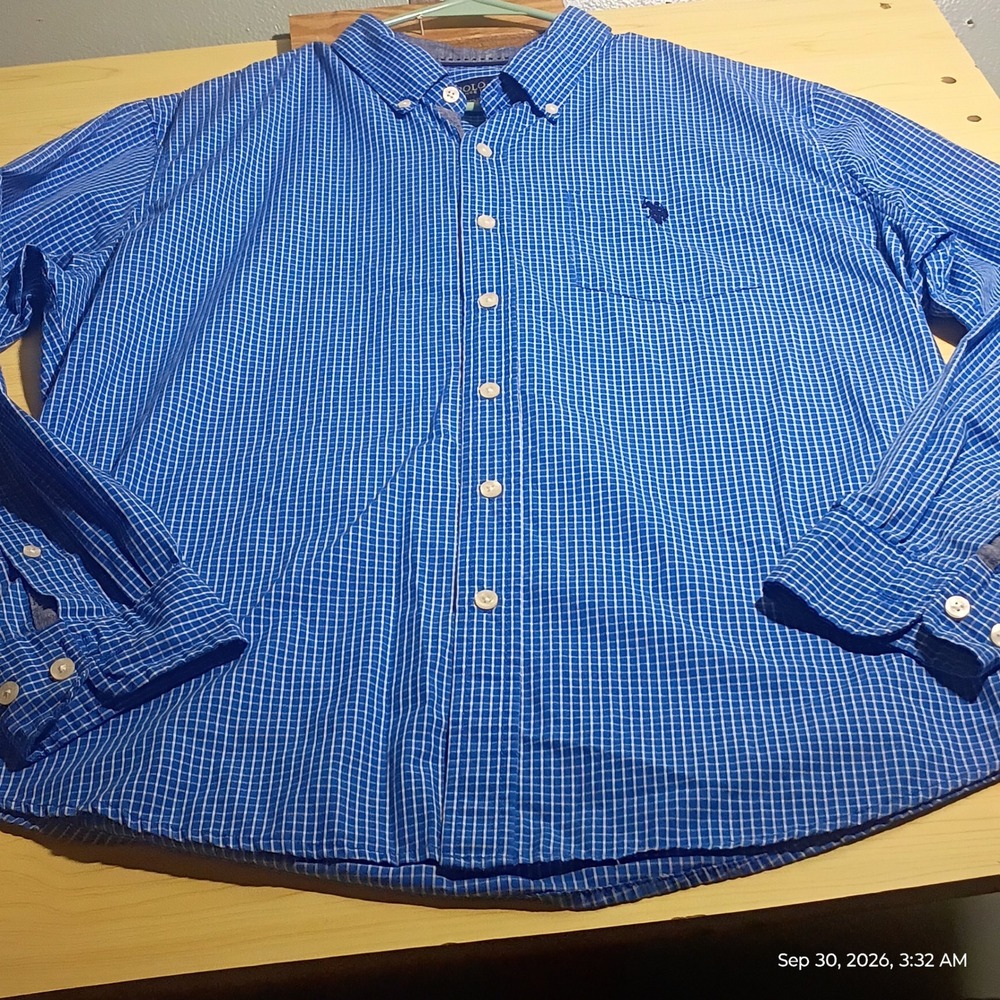 U.S. Polo Assn. Button Down Shirt Men Large Blue White Check Long Sleeve L